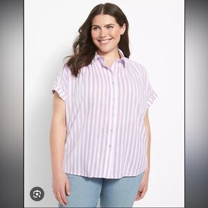 Lane Bryant Purple & white Striped button down short sleeve Women's Top